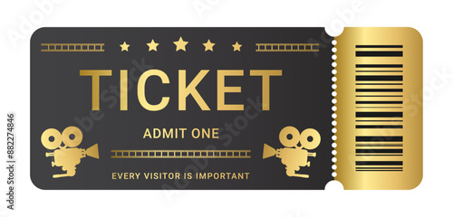 Cinema ticket or gold coupon pass. Vector illustration isolated on white background