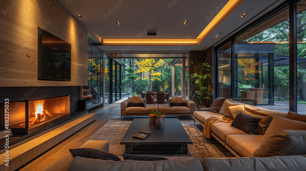 Interior of a luxury hotel living room with furniture, windows, and light wood accents Interior of a luxury hotel living room with furniture, windows, and light wood accents
