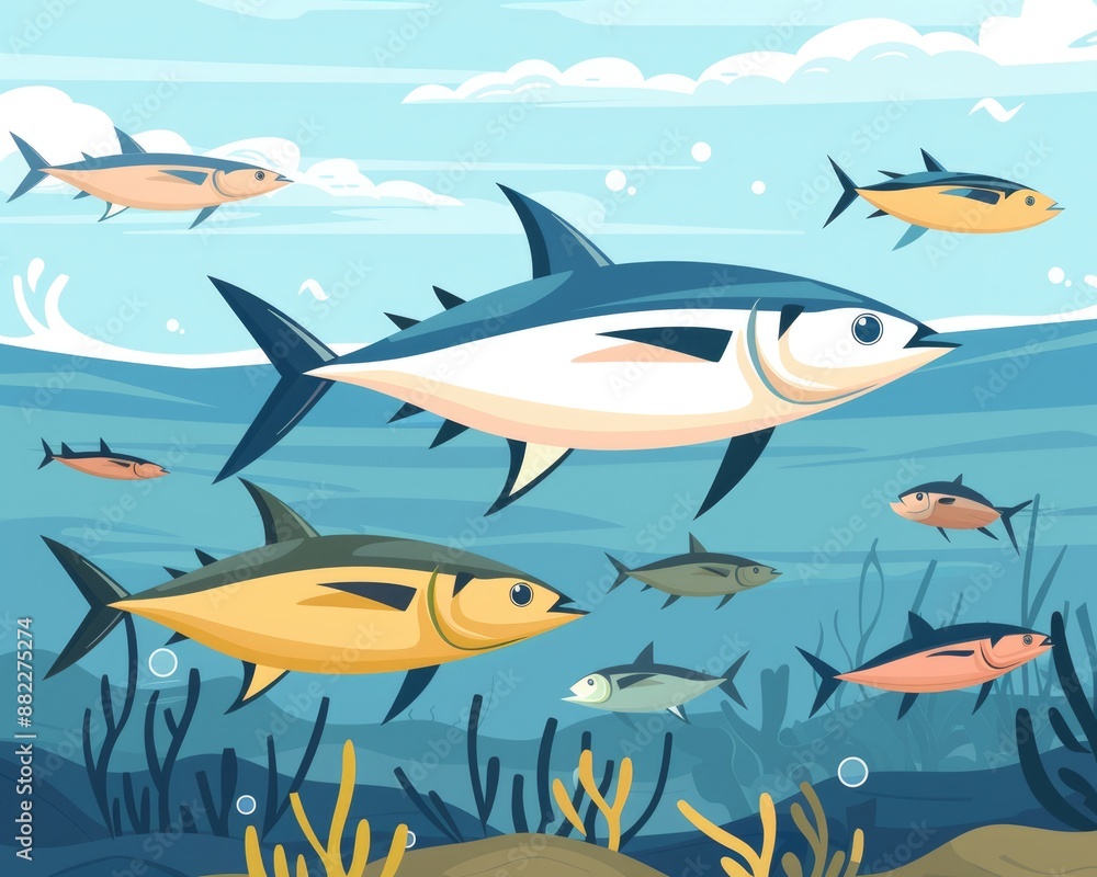 Obraz premium Seafood Poster. Celebrating World Tuna Day with Colorful Tuna and Ocean Fish Design