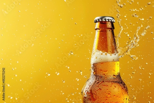 Opening A Beer. Cold Bottle with Cap in Air on Yellow Background