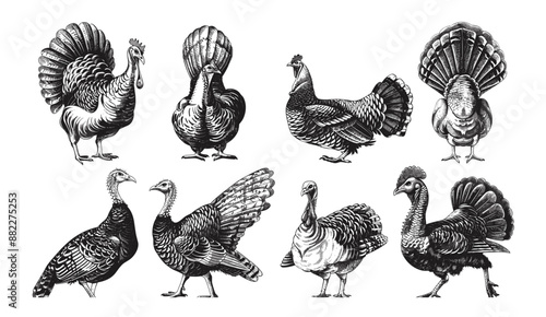 Vintage turkey engraving isolated illustration set, ink sketch. Farm bird silhouette art, fowl background, farm animal art, vintage illustration, ink sketch, black and white illustration