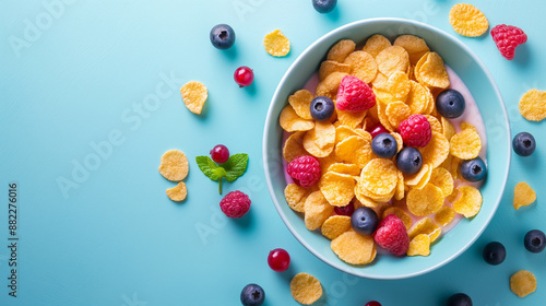 Tasty beautiful bowl of corn flakes with milk on vibrant background