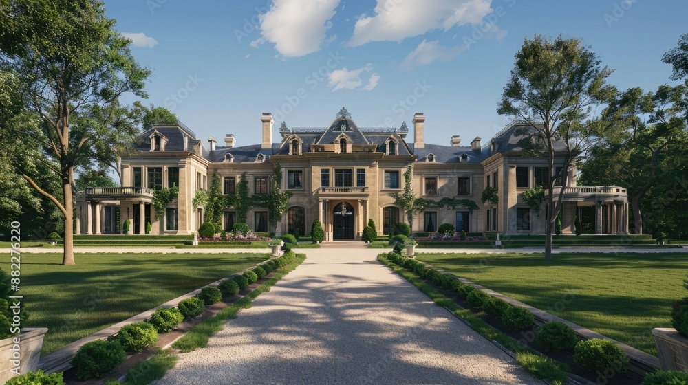 Fototapeta premium A stately manor house with a grand entrance, manicured lawns, and a tree-lined driveway.