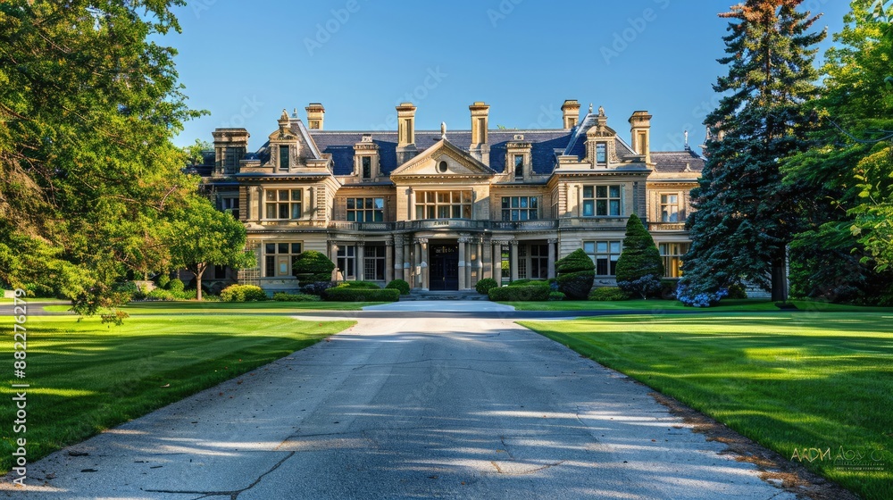 Fototapeta premium A stately manor house with a grand entrance, manicured lawns, and a tree-lined driveway.