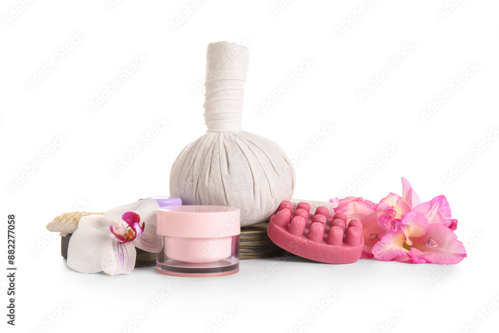 Spa composition with beautiful flowers isolated on white background Spa composition with beautiful flowers isolated on white background
