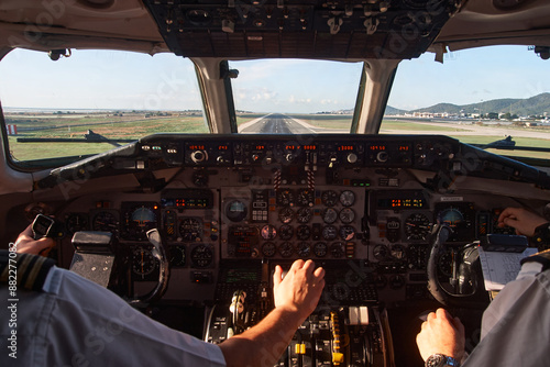 View of takeoff from the cockpit of a commercial airplane at Bar