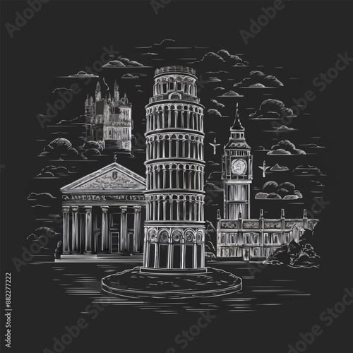Flat sketch drawing of Venice canals and gondolas, minimalist style, monochrome, detailed line work, architectural elements, centered composition