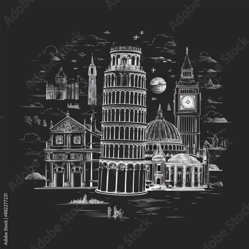 Flat sketch drawing of Venice canals and gondolas, minimalist style, monochrome, detailed line work, architectural elements, centered composition