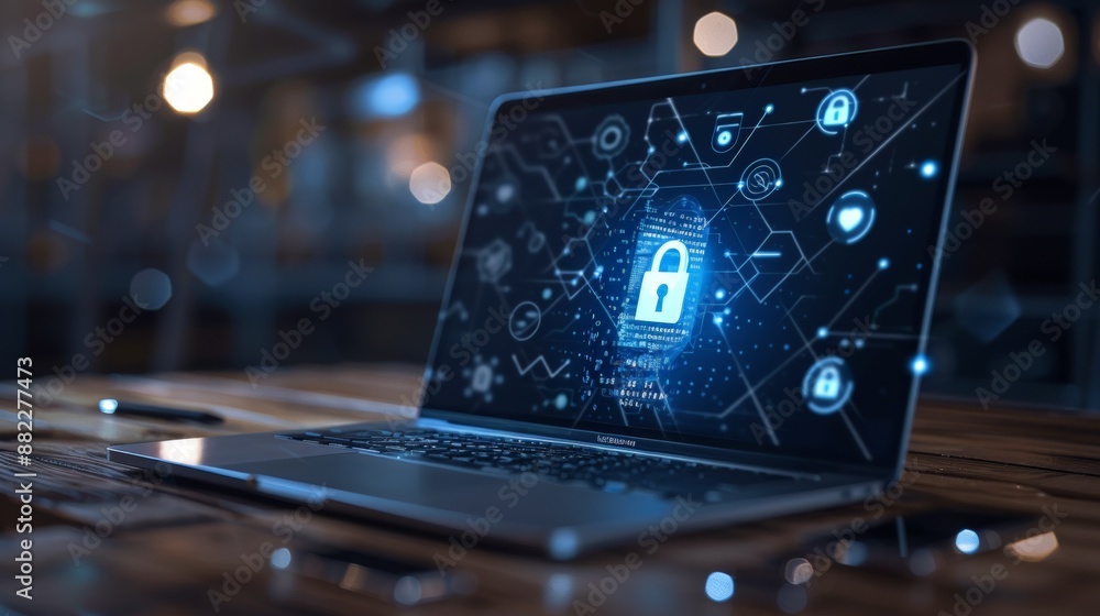 Digital Security Lock Symbol on Abstract Network in Cyberspace Digital Security Lock Symbol on Abstract Network in Cyberspace