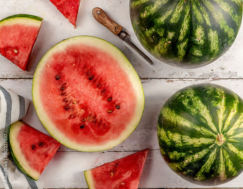 Freshly Sliced Watermelon on Rustic Wooden Table photo