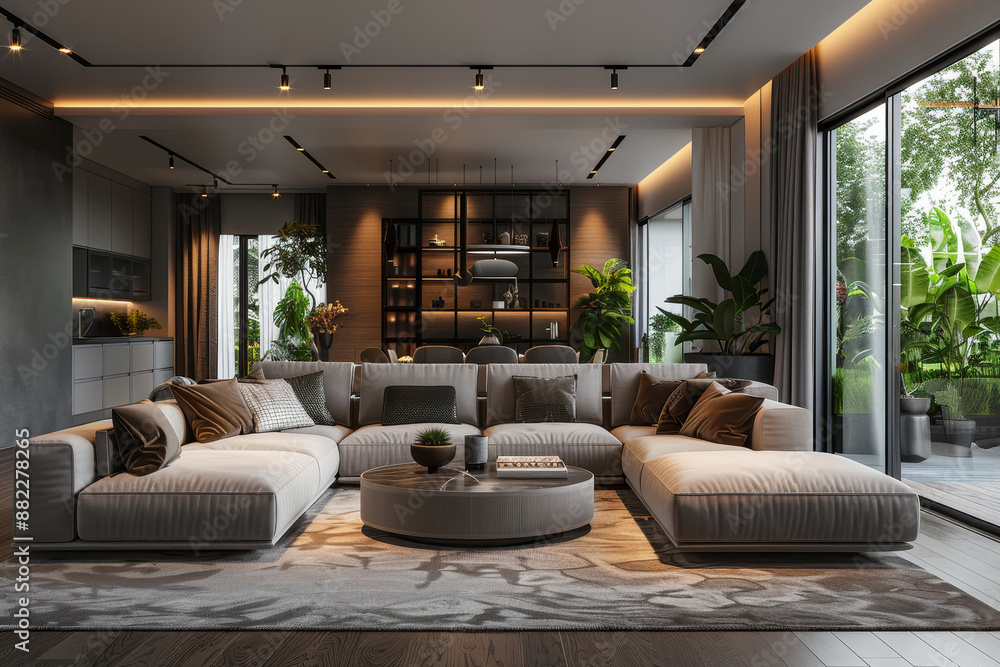 Fototapeta premium 40 A contemporary living space with sophisticated furniture, elegant lighting, and a cozy atmosphere, perfect for relaxation. Wide angle, photorealistic, very detailed