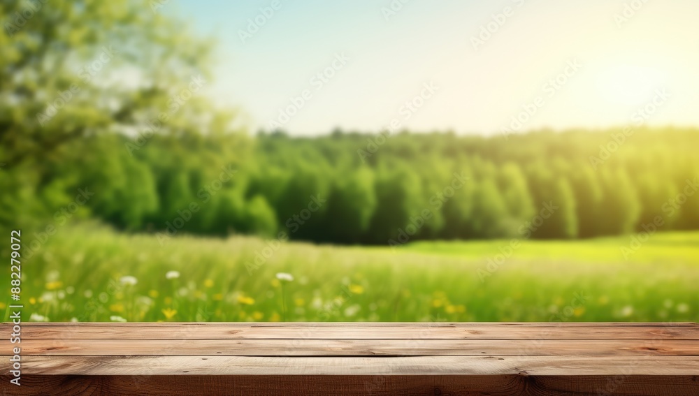 Empty Wooden Table brown Podium Against Spring Green Meadow Blur Bokeh Background for Product Display Empty Wooden Table brown Podium Against Spring Green Meadow Blur Bokeh Background for Product Display