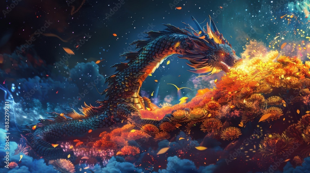A dragon hoarding a pile of blooming treasure in a dark cave theme, front view, symbolizing mystical wealth, futuristic tone, Complementary Color Scheme A dragon hoarding a pile of blooming treasure in a dark cave theme, front view, symbolizing mystical wealth, futuristic tone, Complementary Color Scheme