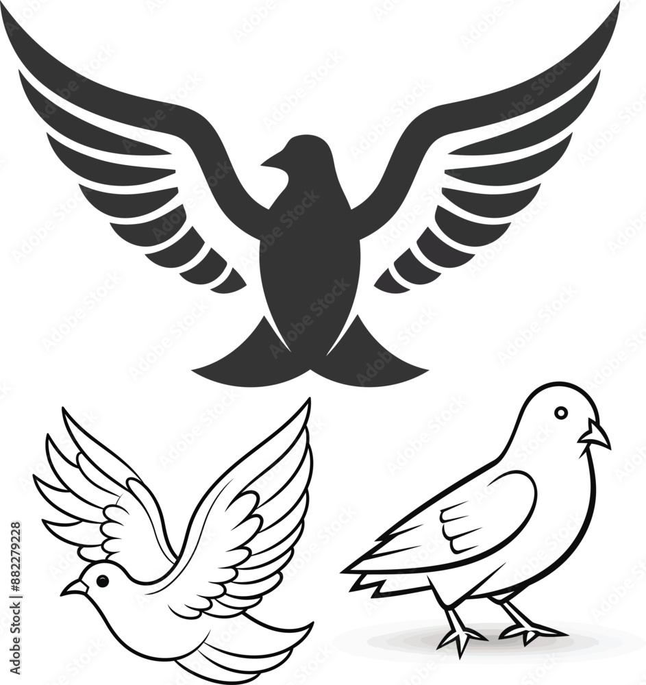 Obraz premium A set of pigeon birds' black and white silhouette vector illustrations for print.