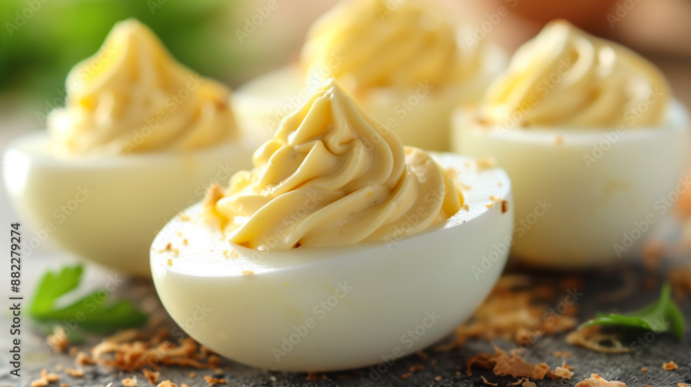 Close-up to hard boiled eggs served with mayonnaise cream on them Close-up to hard boiled eggs served with mayonnaise cream on them