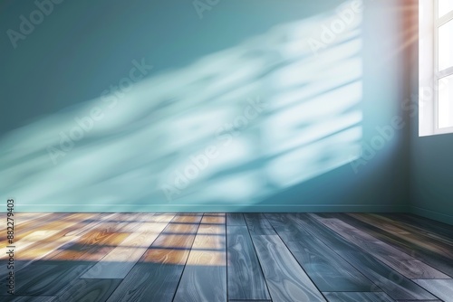Empty Room with Turquoise Wall and Wooden Floor in Sunlight. Room Interior Background for Product Presentation