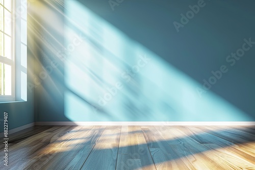 Empty Room with Turquoise Wall and Wooden Floor in Sunlight. Room Interior Background for Product Presentation