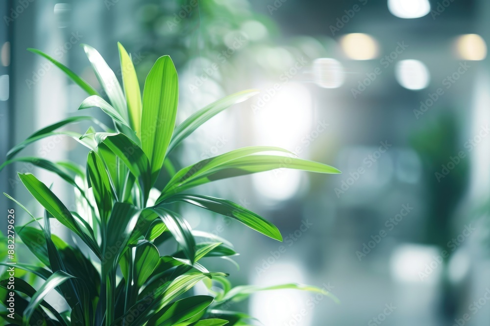 Potted Lush Green Plant Leaves in Modern Office. Blur Bokeh Background with Copy Space, Close-Up View Potted Lush Green Plant Leaves in Modern Office. Blur Bokeh Background with Copy Space, Close-Up View