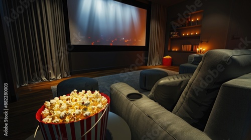A stylish home theater featuring dim lighting, modern grey furniture, a sizable projection screen, and a bucket of popcorn for a cinematic experience.