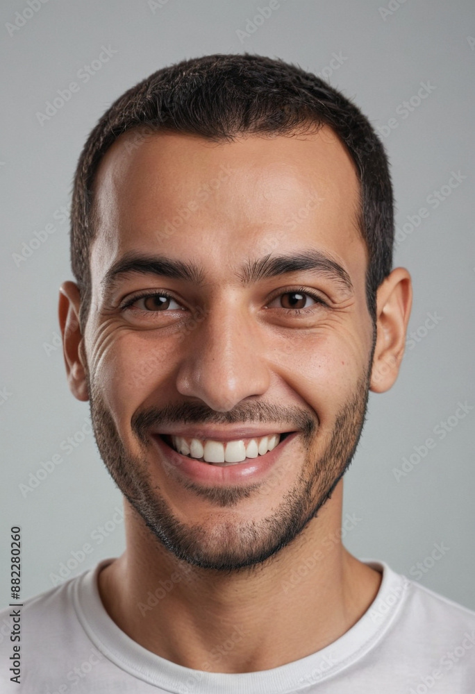 Obraz premium Portrait view of a regular happy smiling Algeria man, ultra realistic, candid, social media, avatar image, plain solid background