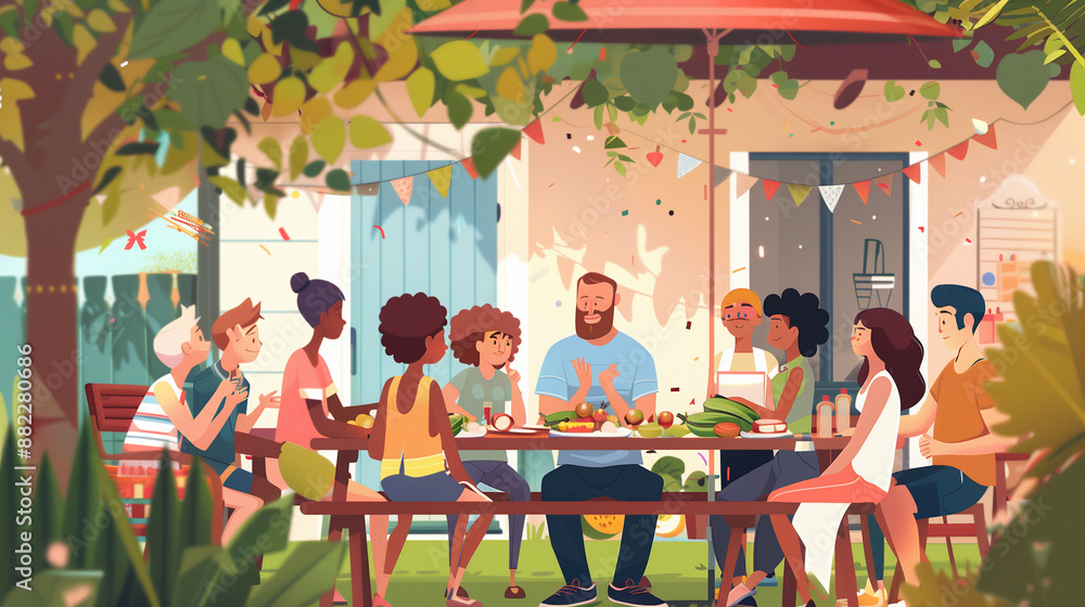 Big Family and Friends Celebrating Outside at Home. Diverse Group of Children, Adults and Old People Gathered at a Table, Having Fun Conversations. Preparing Barbecue and Eating Vegetables Big Family and Friends Celebrating Outside at Home. Diverse Group of Children, Adults and Old People Gathered at a Table, Having Fun Conversations. Preparing Barbecue and Eating Vegetables