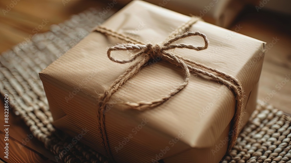A beautifully wrapped gift box with brown paper and tied with a rustic twine bow, placed on a textured wooden table. A beautifully wrapped gift box with brown paper and tied with a rustic twine bow, placed on a textured wooden table.