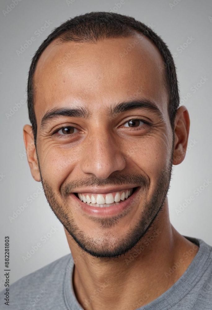 Obraz premium Portrait view of a regular happy smiling Tunisia man, ultra realistic, candid, social media, avatar image, plain solid background