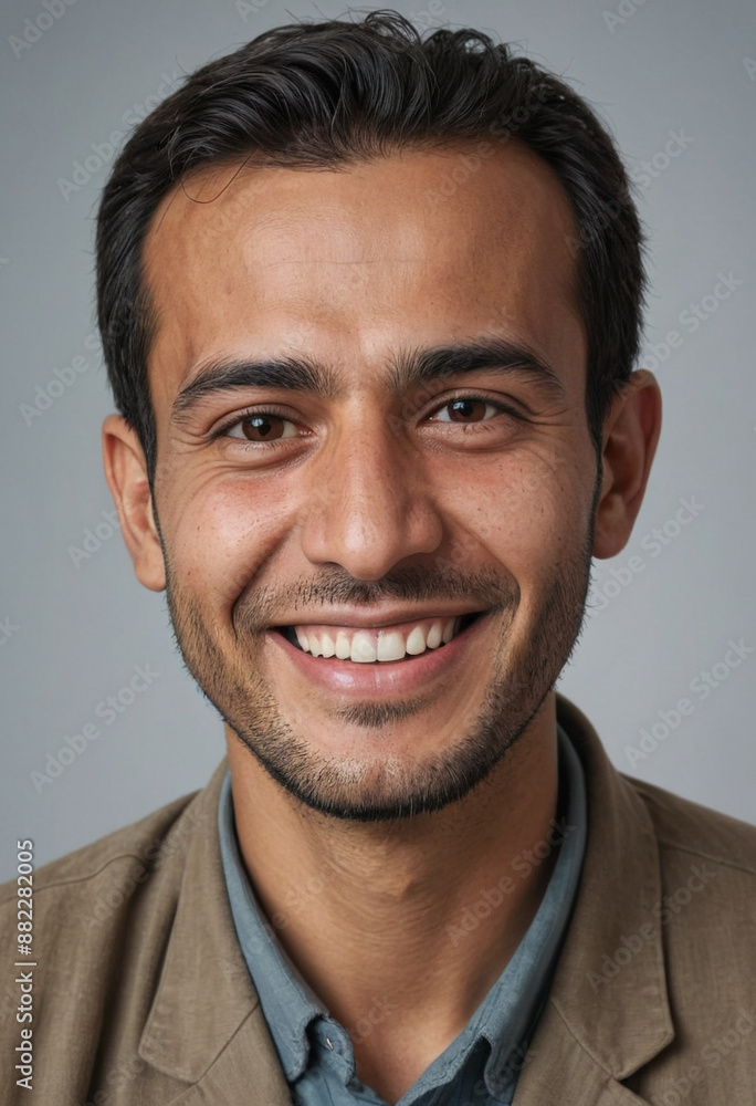 Fototapeta premium Portrait view of a regular happy smiling Afghanistan man, ultra realistic, candid, social media, avatar image, plain solid background