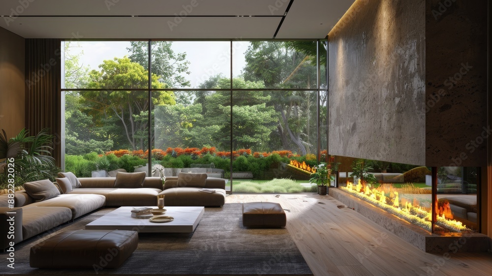 A stylish living room featuring a modern fireplace, plush sofas, and large floor-to-ceiling windows with a breathtaking garden view. A stylish living room featuring a modern fireplace, plush sofas, and large floor-to-ceiling windows with a breathtaking garden view.