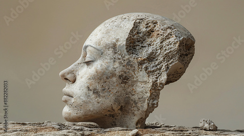 A weathered, partially eroded stone sculpture of a serene human face rests on the ground, eyes closed, evoking a sense of ancient tranquility and decay photo