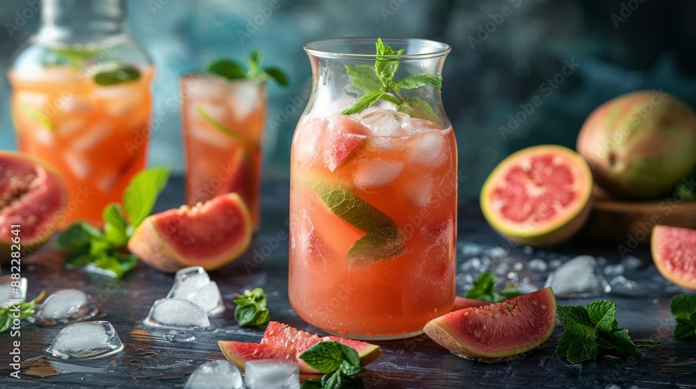 fruit infused drink, a refreshing guava punch served in a glass dispenser with ice and mint, ideal for summer gatherings fruit infused drink, a refreshing guava punch served in a glass dispenser with ice and mint, ideal for summer gatherings