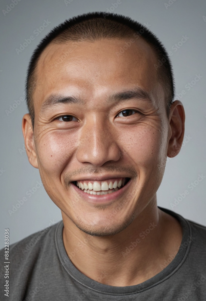Obraz premium Portrait view of a regular happy smiling Mongolia man, ultra realistic, candid, social media, avatar image, plain solid background