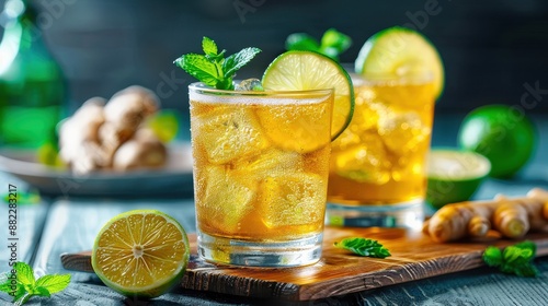 Fresh ginger ale cocktail with lime and mint on a wooden board, surrounded by ingredients, perfect for a summer refreshment.