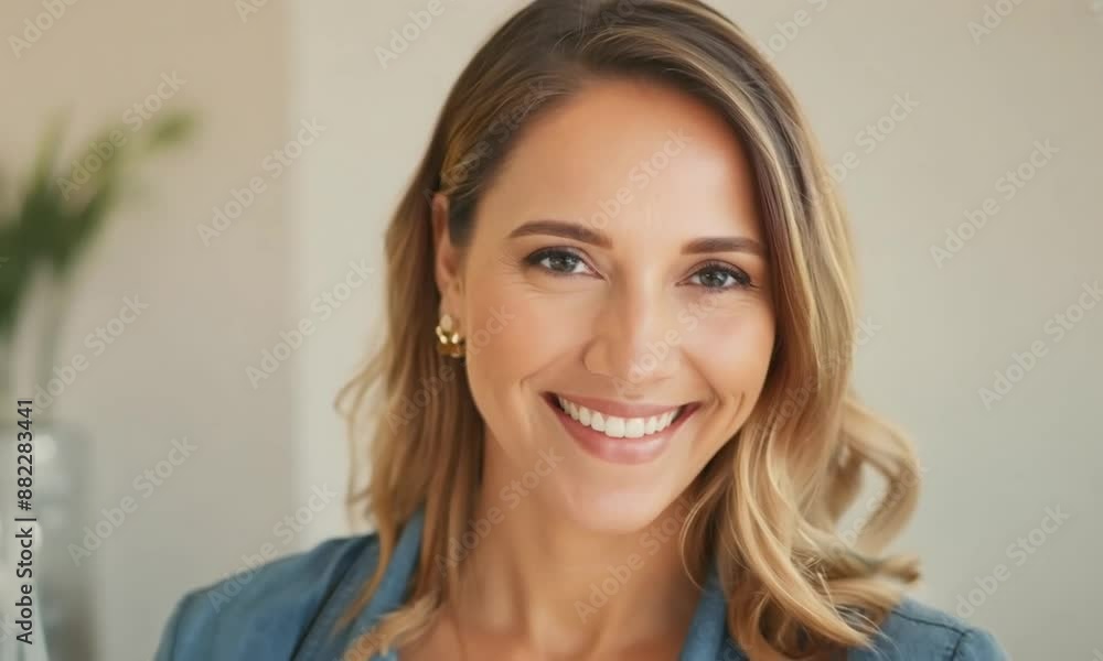 Happy woman with blond hair and blue eyes smiles brightly, exuding confidence and positivity. She looks fresh and healthy, radiating beauty and joy in a casual denim shirt and stylish jewelry Happy woman with blond hair and blue eyes smiles brightly, exuding confidence and positivity. She looks fresh and healthy, radiating beauty and joy in a casual denim shirt and stylish jewelry