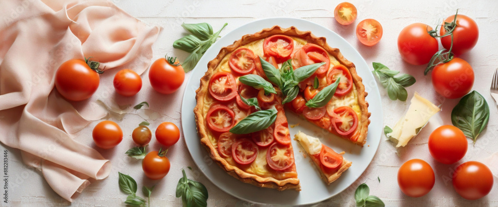 Tomatoes and cheese tart with on the table. Tomatoes and cheese tart with on the table.