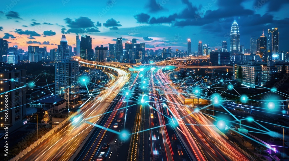 Cityscape with Illuminated Highway and Digital Network Cityscape with Illuminated Highway and Digital Network