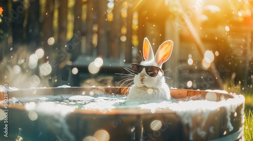 Adorable White Rabbit Wearing Sunglasses Relaxing in a Hot Tub with Bubbles in Bright Afternoon Sunlight, Playful and Humorous Scene Captured in Vibrant and Energetic Style, Creative Pet Advertisement