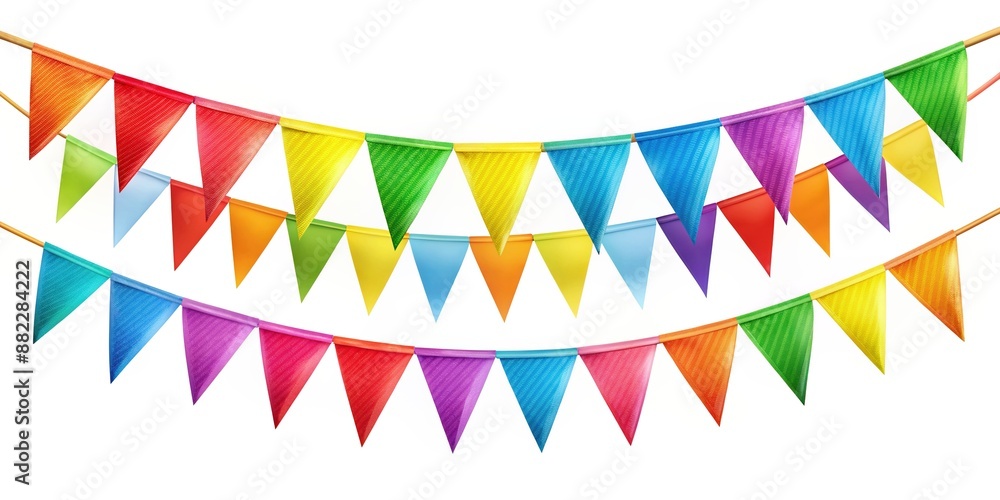 Fototapeta premium Vibrant colorful pennant chain with triangular flags in various bright hues hanging from a string, isolated on transparent and white backgrounds separately.