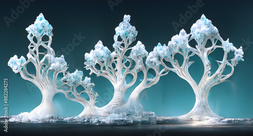 3d render with abstract art surreal winter white fantasy magic frozen forest with trees in curve lines with diamond crystals in azure blue color