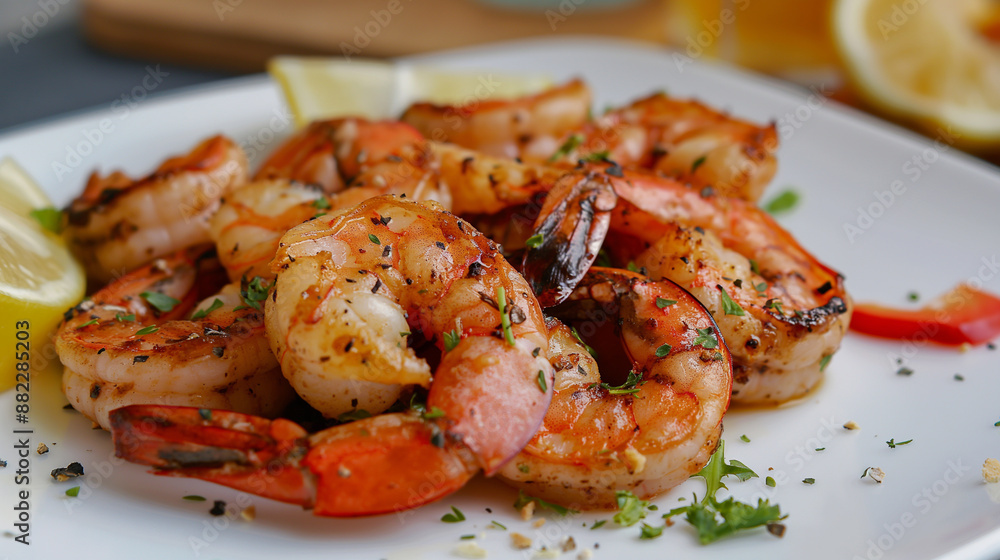 Boiled and grilled shrimp with a crispy crust with citrus decorated with greens on white plate Boiled and grilled shrimp with a crispy crust with citrus decorated with greens on white plate