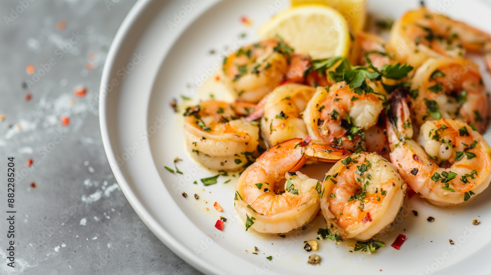 Boiled and grilled shrimp with a crispy crust with citrus decorated with greens on white plate Boiled and grilled shrimp with a crispy crust with citrus decorated with greens on white plate