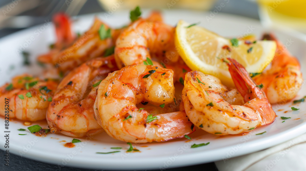 Boiled and grilled shrimp with a crispy crust with citrus decorated with greens on white plate Boiled and grilled shrimp with a crispy crust with citrus decorated with greens on white plate