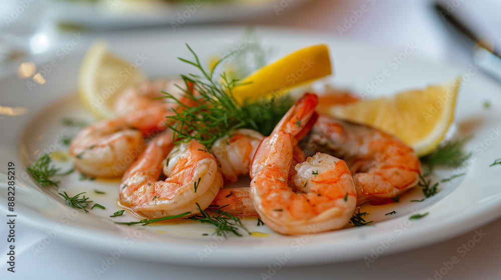 Boiled and grilled shrimp with a crispy crust with citrus decorated with greens on white plate Boiled and grilled shrimp with a crispy crust with citrus decorated with greens on white plate