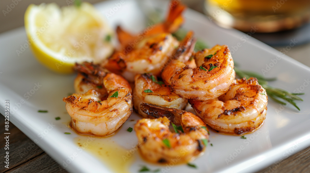 Boiled and grilled shrimp with a crispy crust with citrus decorated with greens on white plate Boiled and grilled shrimp with a crispy crust with citrus decorated with greens on white plate