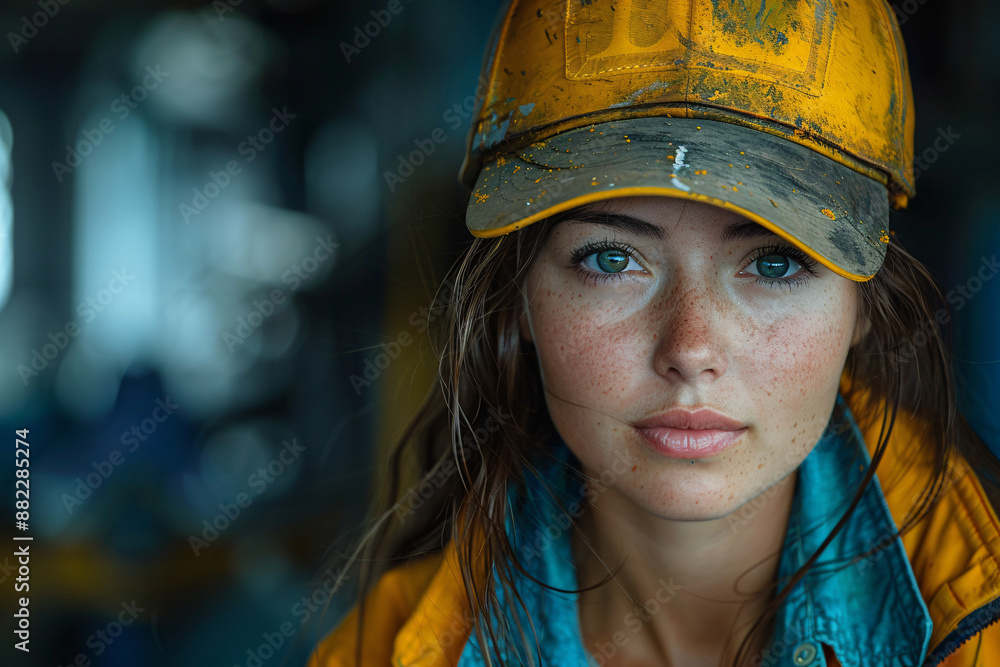 A woman with freckles and piercing blue eyes wears a worn yellow cap and jacket, standing against a blurred industrial background A woman with freckles and piercing blue eyes wears a worn yellow cap and jacket, standing against a blurred industrial background