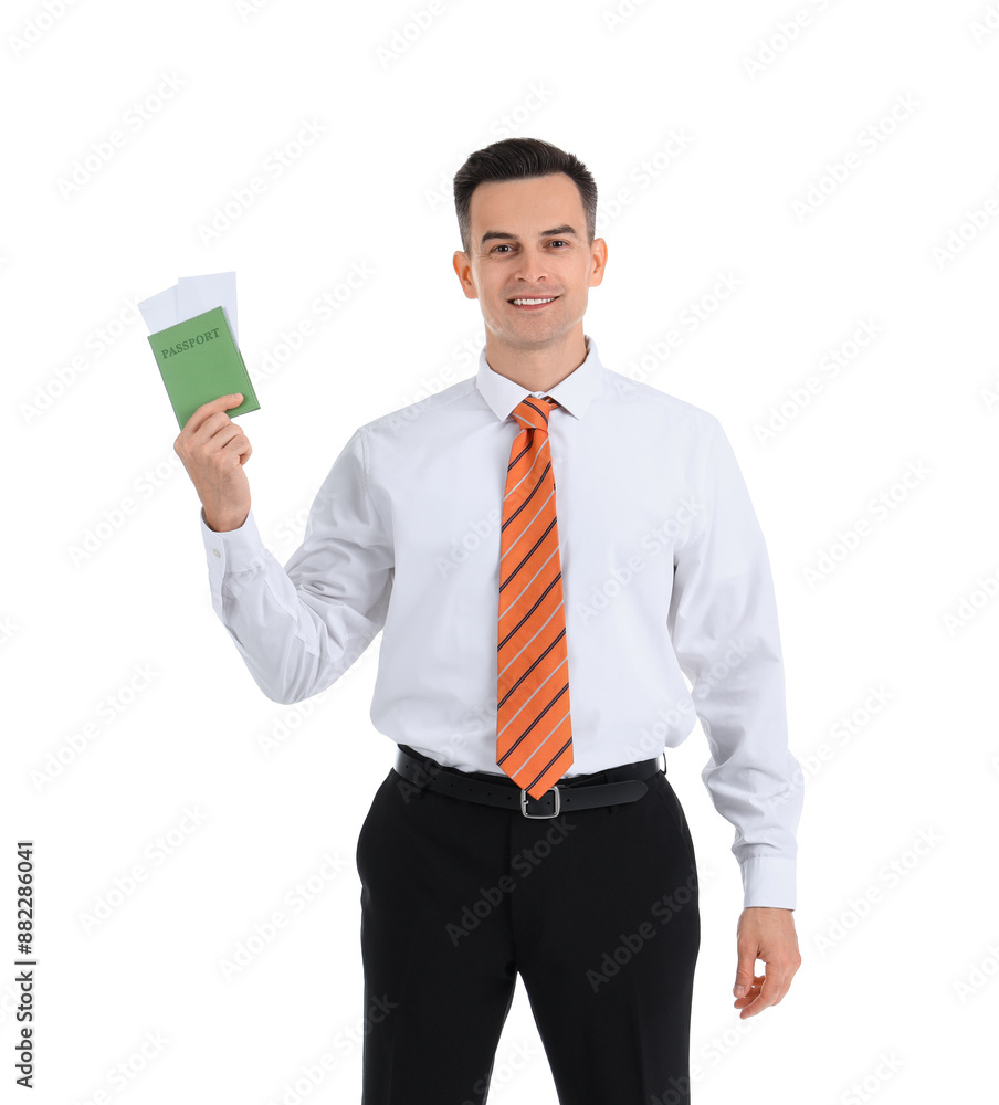 Handsome steward with passport on white background Handsome steward with passport on white background