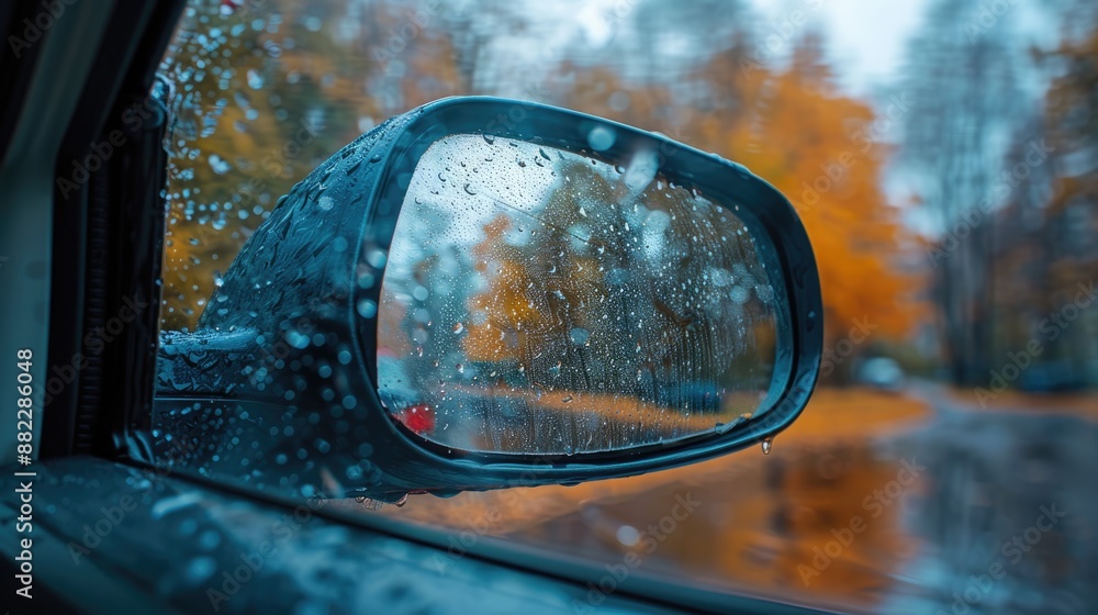 Steam Window. Car Side Mirror View with Condensation in Cold Autumn Weather Steam Window. Car Side Mirror View with Condensation in Cold Autumn Weather