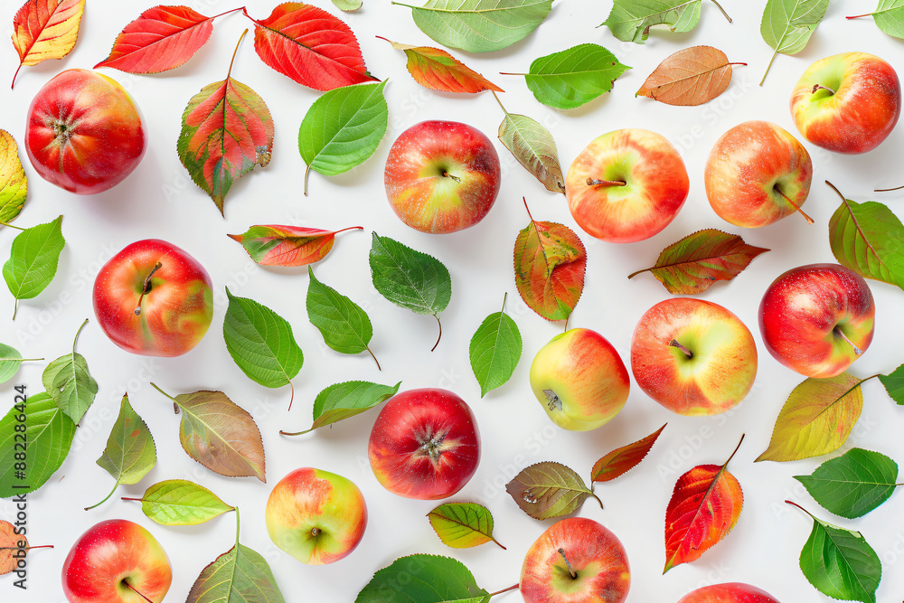 Naklejka premium Autumn flat lay background with red and green leaves, apples on white background, top view, minimalistic style,