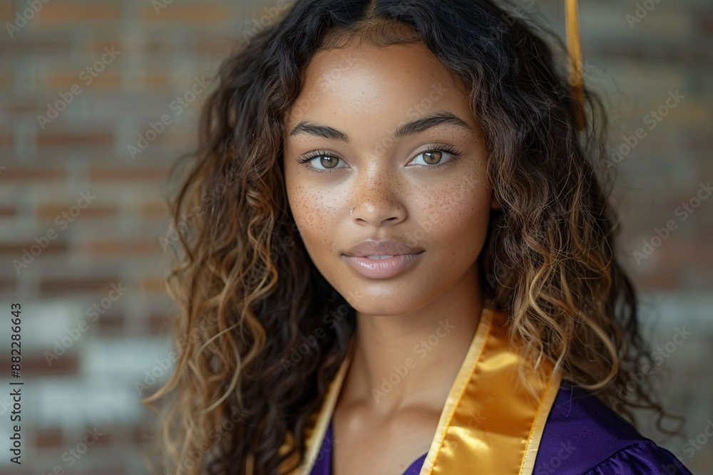 Portrait of a beautiful young woman with curly hair, light freckles, and confident gaze, wearing graduation attire with a yellow stole Portrait of a beautiful young woman with curly hair, light freckles, and confident gaze, wearing graduation attire with a yellow stole