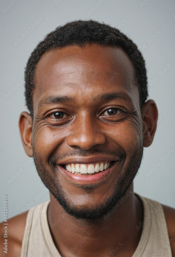 Obraz premium Portrait view of a regular happy smiling Vanuatu man, ultra realistic, candid, social media, avatar image, plain solid background